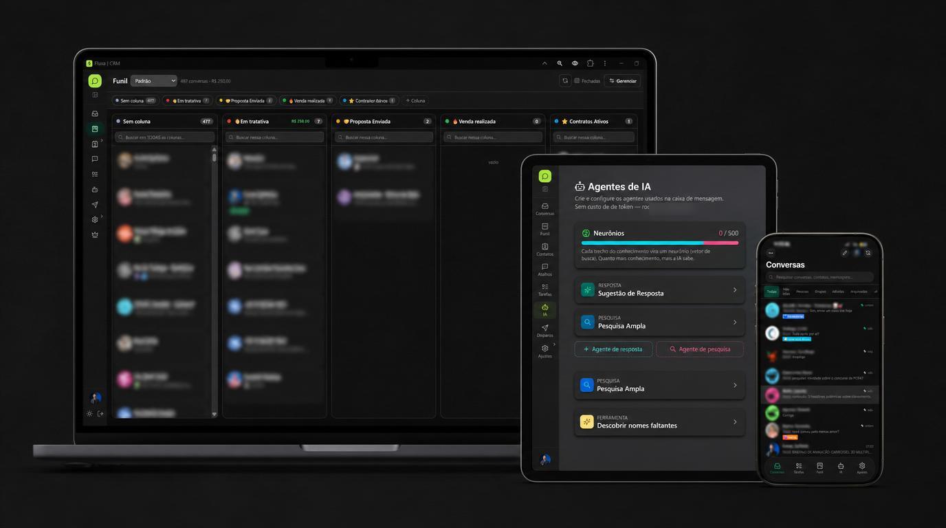 fluxazap em notebook, tablet e celular — funil, agentes de IA e conversas em dark mode