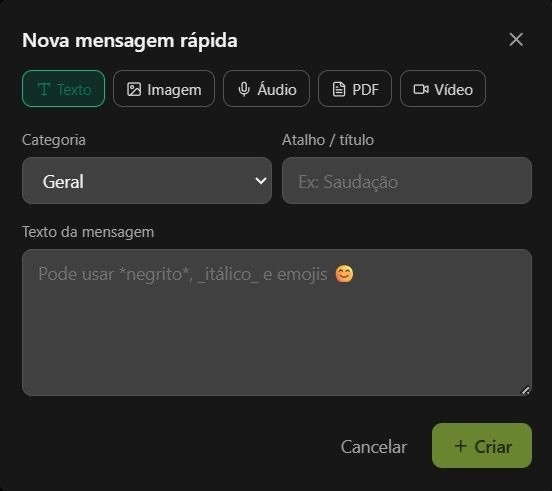 Criar resposta pronta em texto, imagem, áudio, PDF ou vídeo